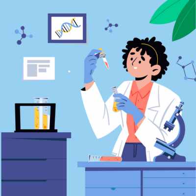 An illustration of a clinical lab scientist in a white coat analyzing test samples in a laboratory equipped with microscopes, test tubes, and scientific tools.