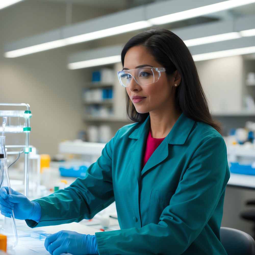 A clinical lab scientist wearing protective goggles and gloves, working with laboratory equipment in a well-equipped lab.