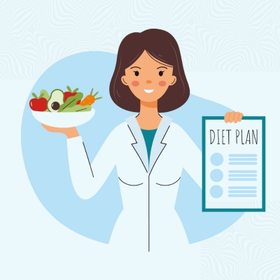 A smiling female dietitian holding a bowl of fresh vegetables and fruits in one hand and a diet plan in the other, wearing a white coat