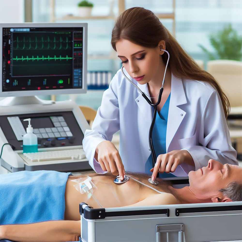 A healthcare professional performing an ECG test on a patient, using a stethoscope and monitoring the heart's activity on a screen.