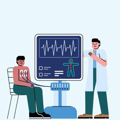 An illustration of a medical professional conducting an ECG test on a patient, with a monitor displaying heart rate patterns and vital signs.