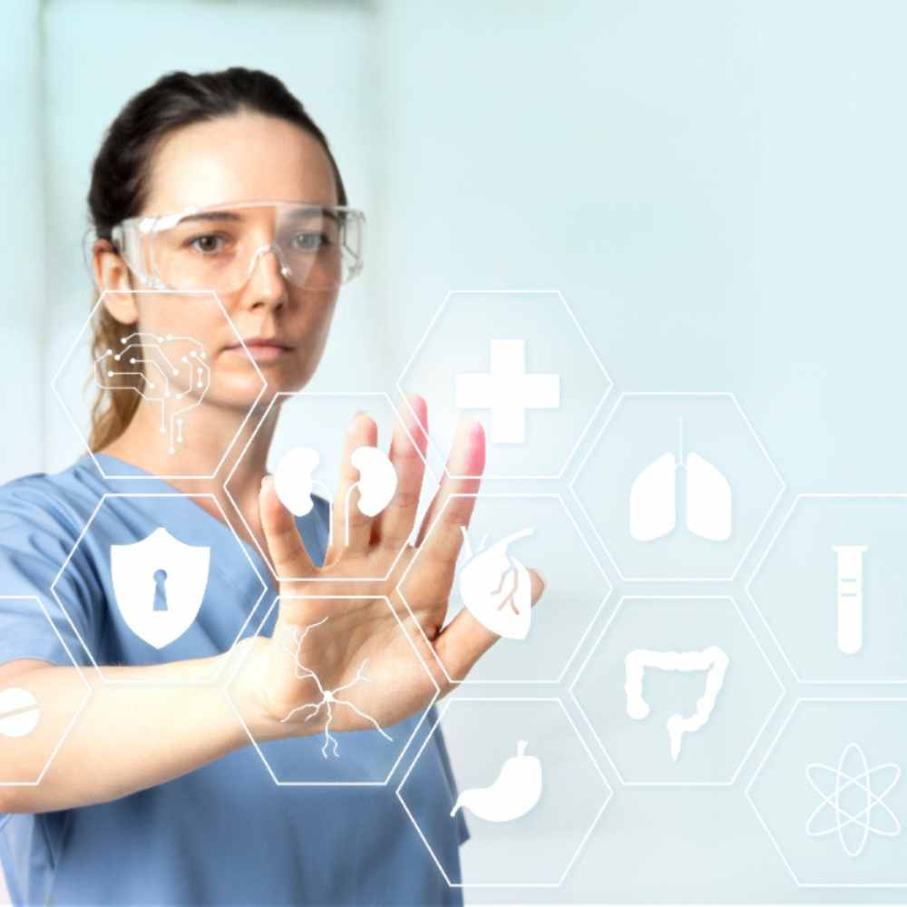 A healthcare professional wearing protective goggles interacting with a virtual interface displaying medical icons, representing advanced diagnostics and technology in medicine.