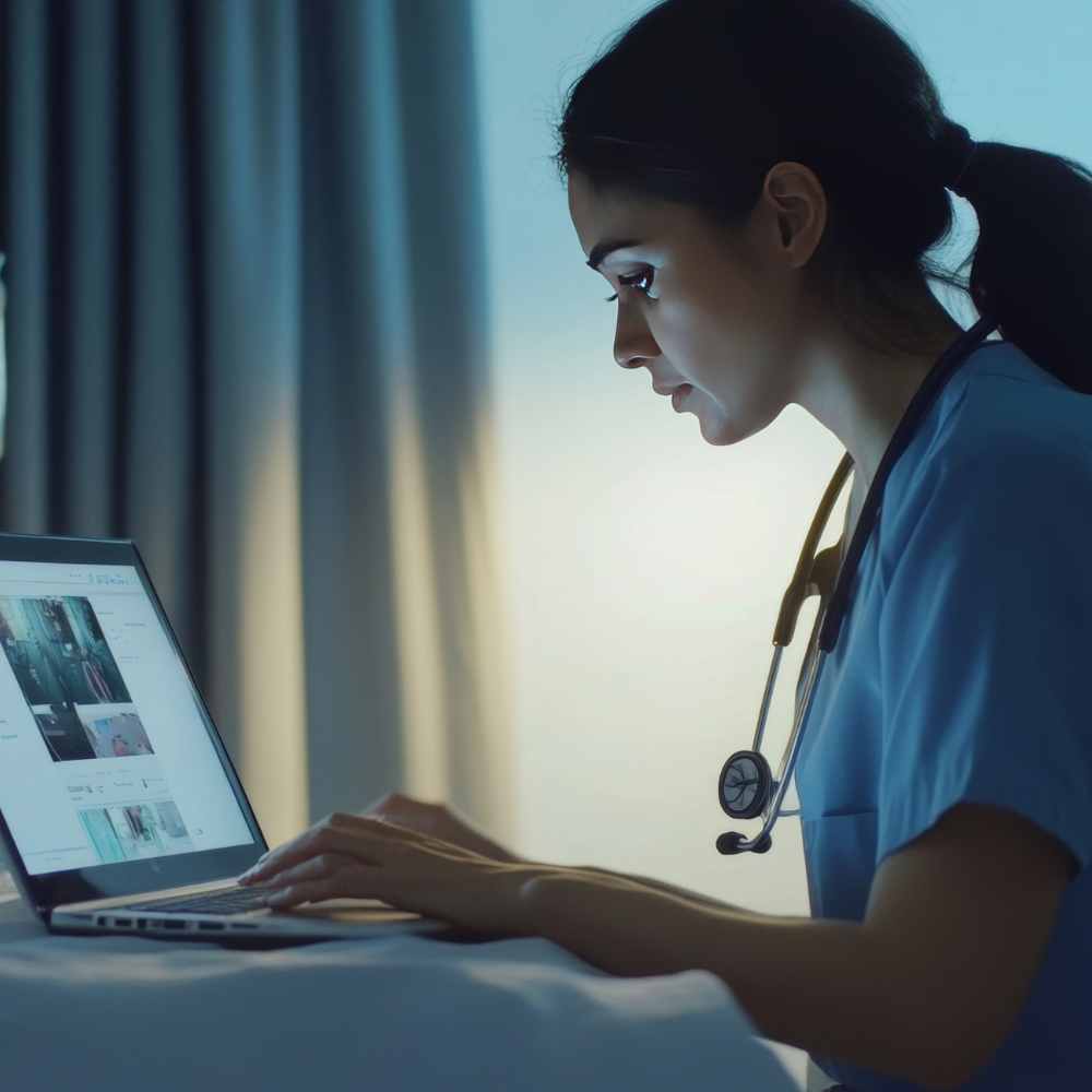 A healthcare professional in blue scrubs, with a stethoscope, working intently on a laptop in a dimly lit room, reflecting focus and dedication.