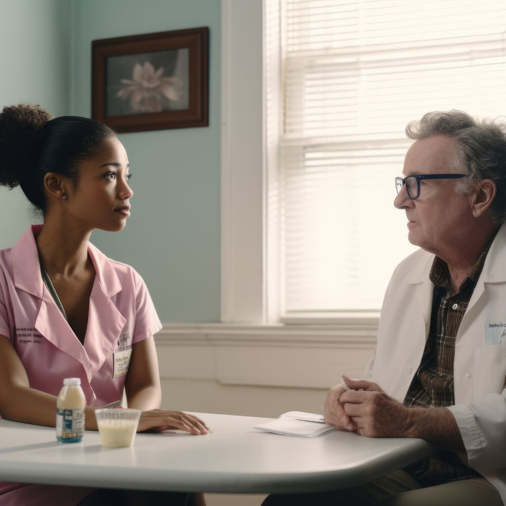 A healthcare professional consulting with a patient in a calm clinical setting.