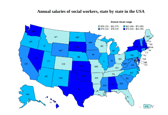 Annual salaries of social workers, state by state in the USA